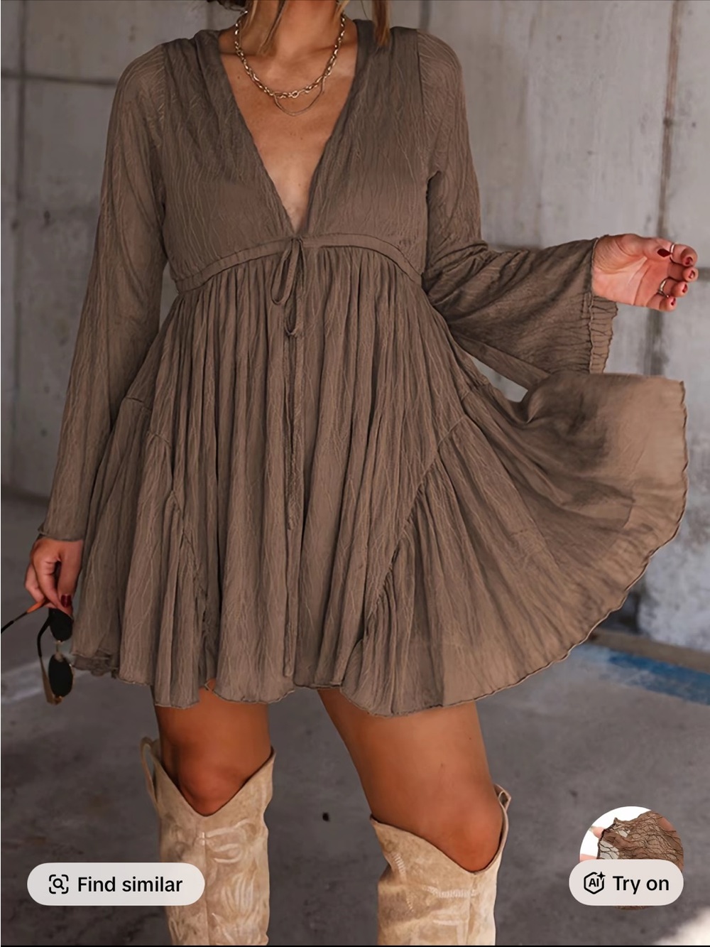 Boho V-Neck Long Sleeve Mini Dress in Taupe